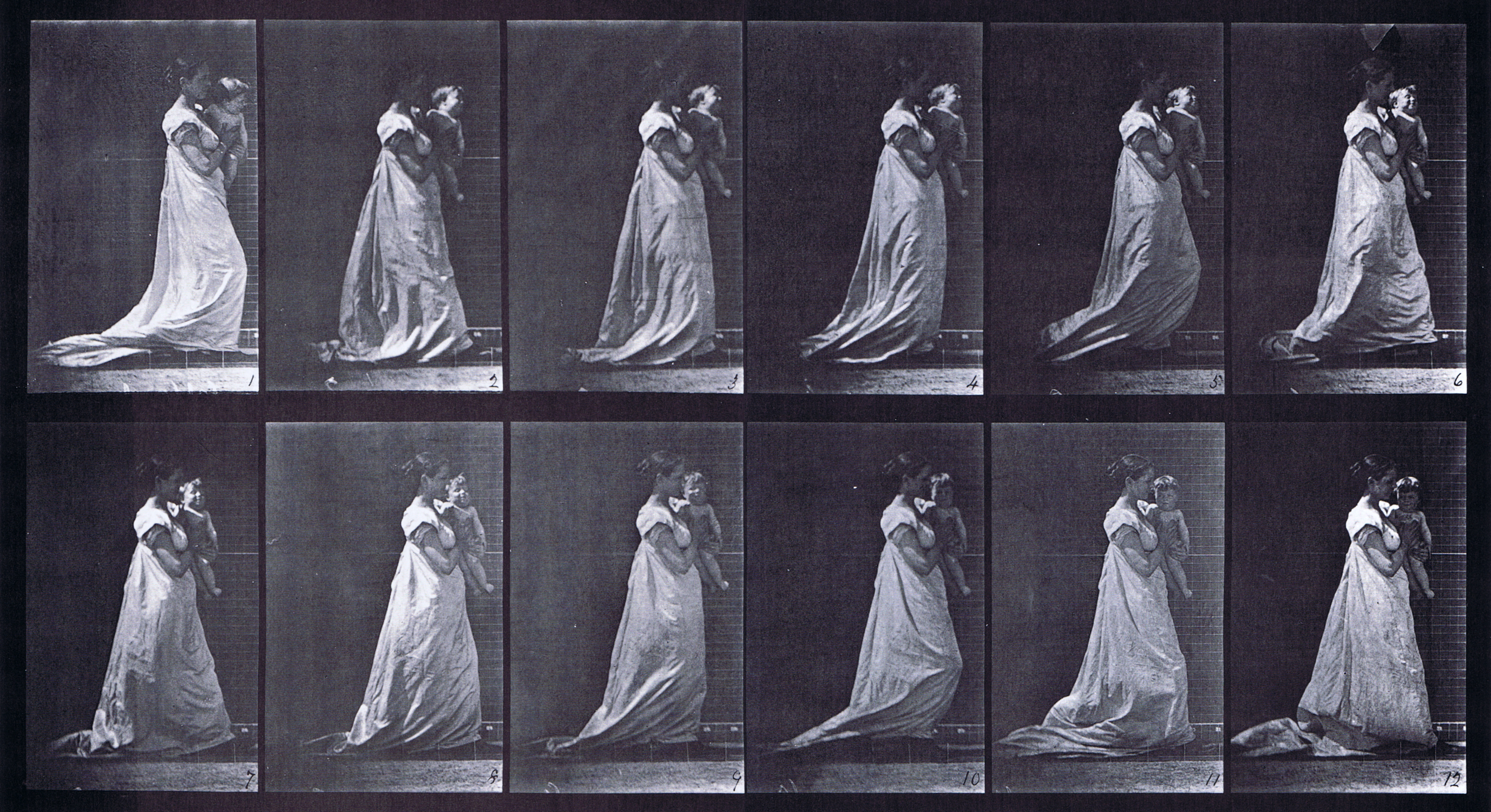 large profile view of clothed female wear dress walking carrying a baby on the left arm animation reference using muybridge plate 36 from animal locomotion