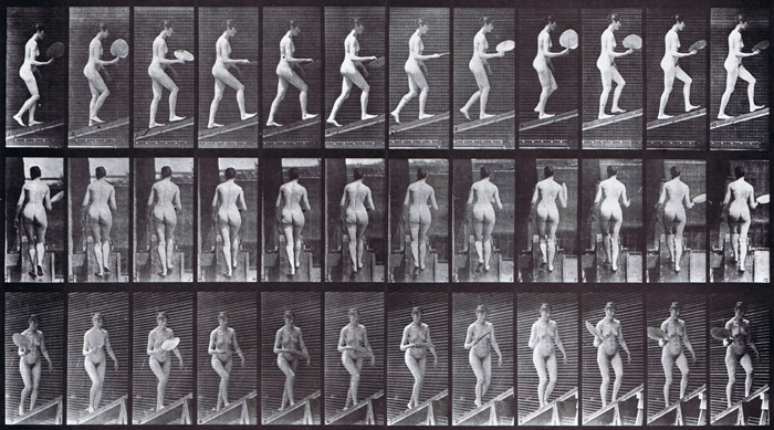 Profile, rear, and front three-quarter view of nude female ascending incline while flirting fan animation reference using muybridge plate 78 from animal locomotion