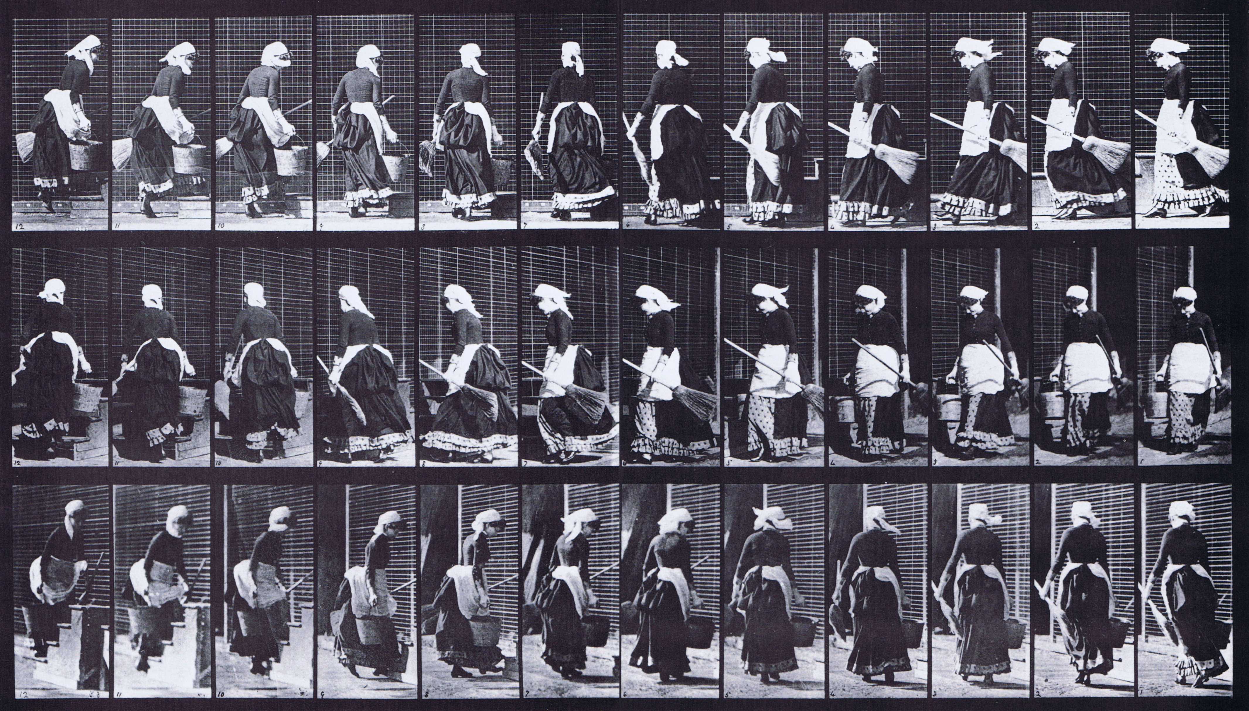 large profile, front three-quarter, and rear three-quarter views of clothed female turning ascending stairs carrying broom and bucket of water in hands animation reference using muybridge plate 107 from animal locomotion