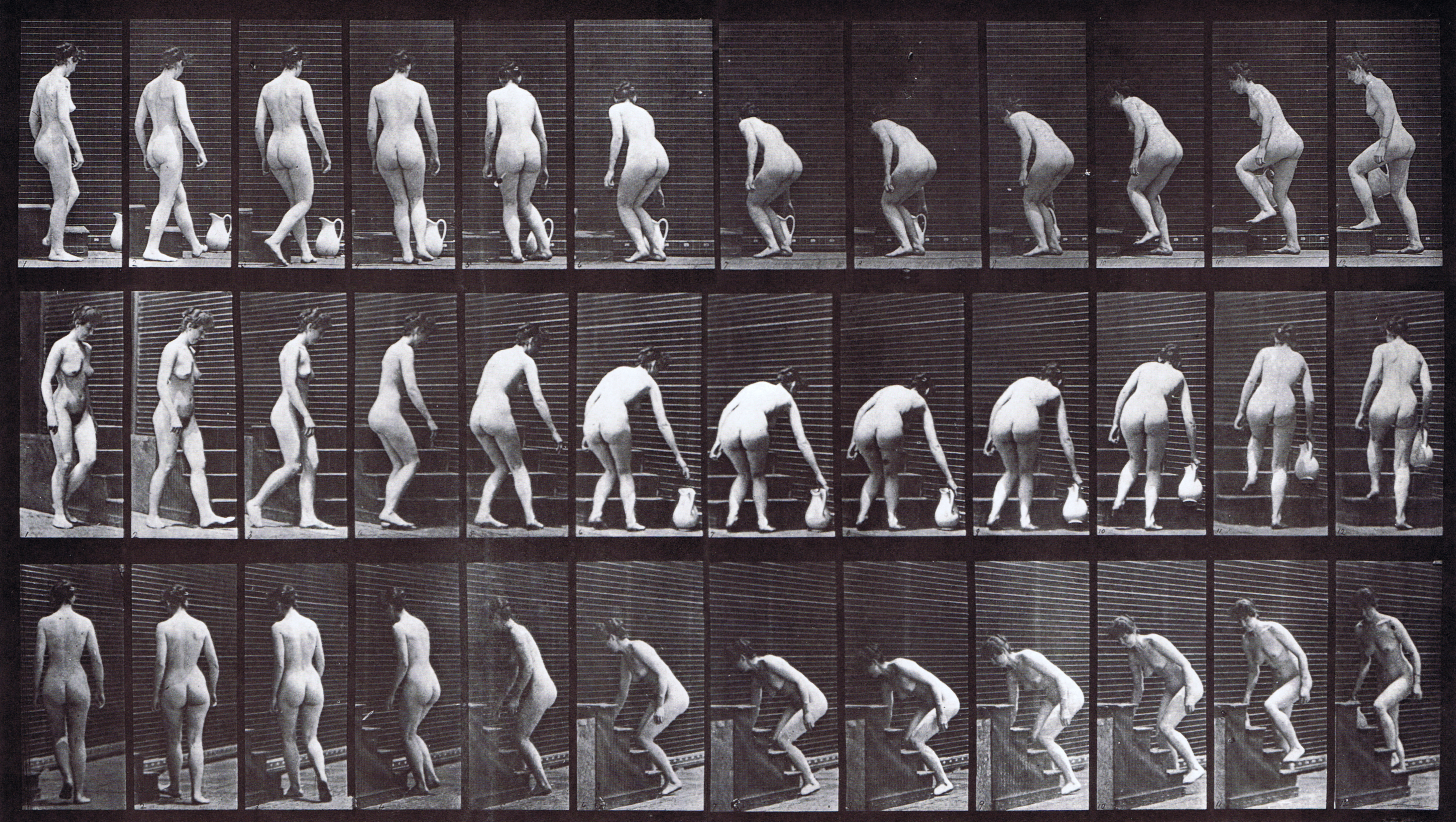 large profile, front three-quarter, and rear three-quarter views of nude female turning, stooping to pick up a pitcher and ascending stairs animation reference using muybridge plate 108 from animal locomotion