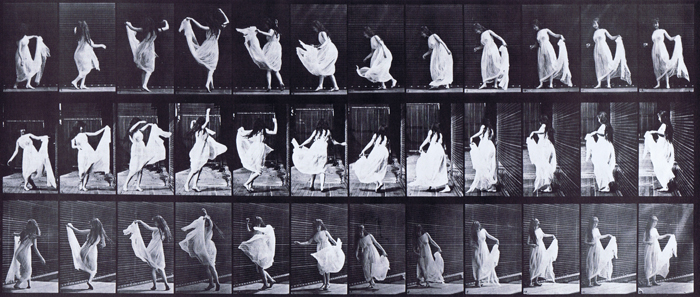 Front, profile, rear three-quarter views of semi nude female in dress dancing animation reference using muybridge plate 193 from animal locomotion