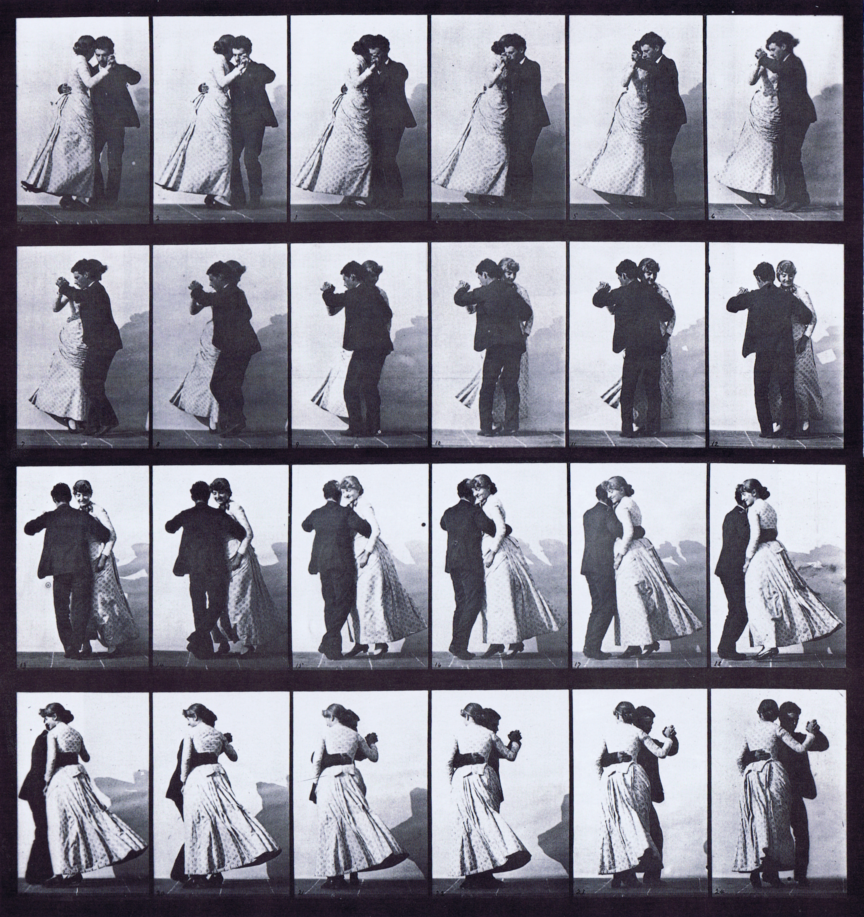 large front view of clothed male and female dancing the waltz, looping dance animation reference using muybridge plate 197 from animal locomotion