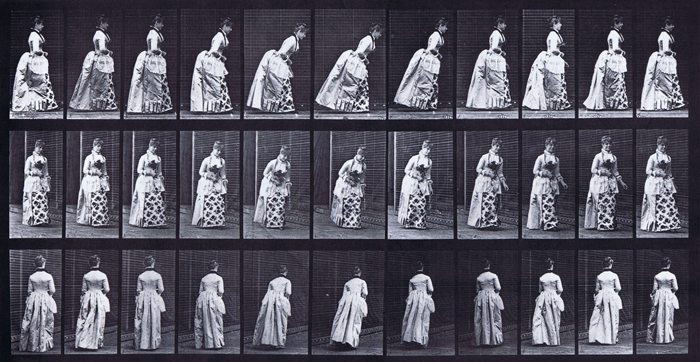 Profile, front three-quarter, and rear three-quarter views of clothed female curtseying animation reference using muybridge plate 198 from animal locomotion