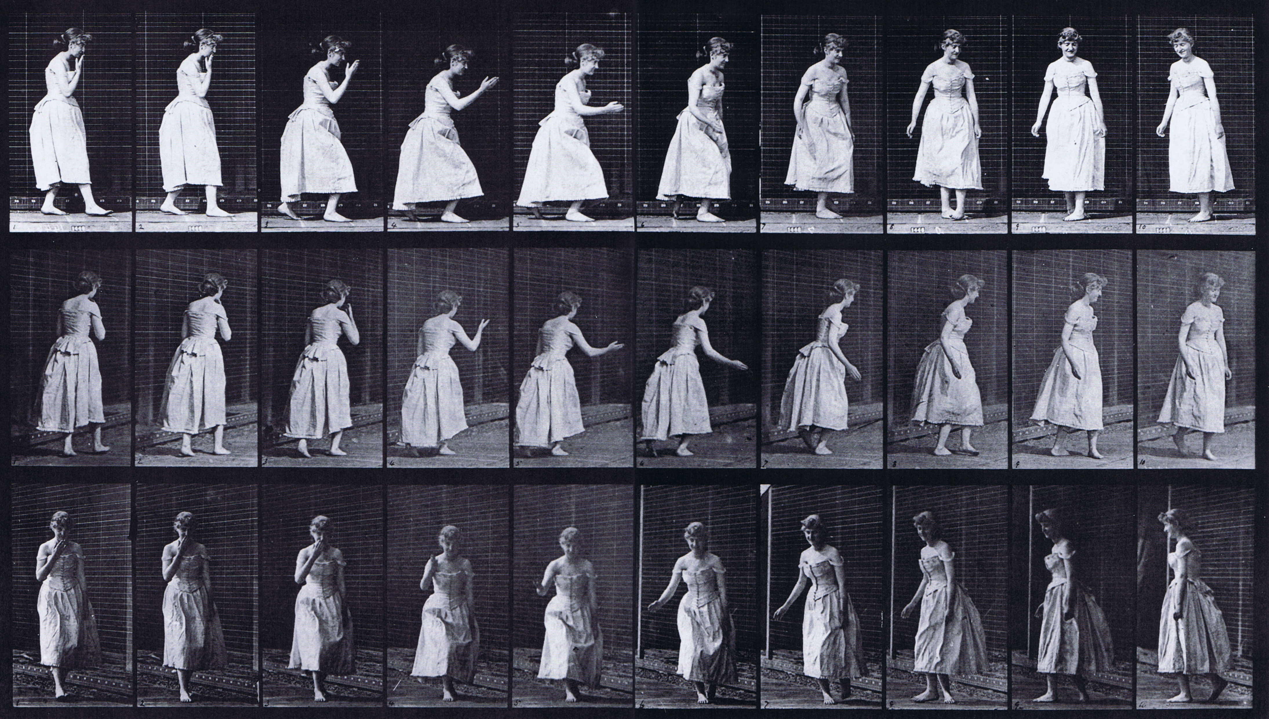 large profile, rear three-quarter, and front three-quarter views of clothed female curtseying and kissing hand then turning around animation reference using muybridge plate 200 from animal locomotion