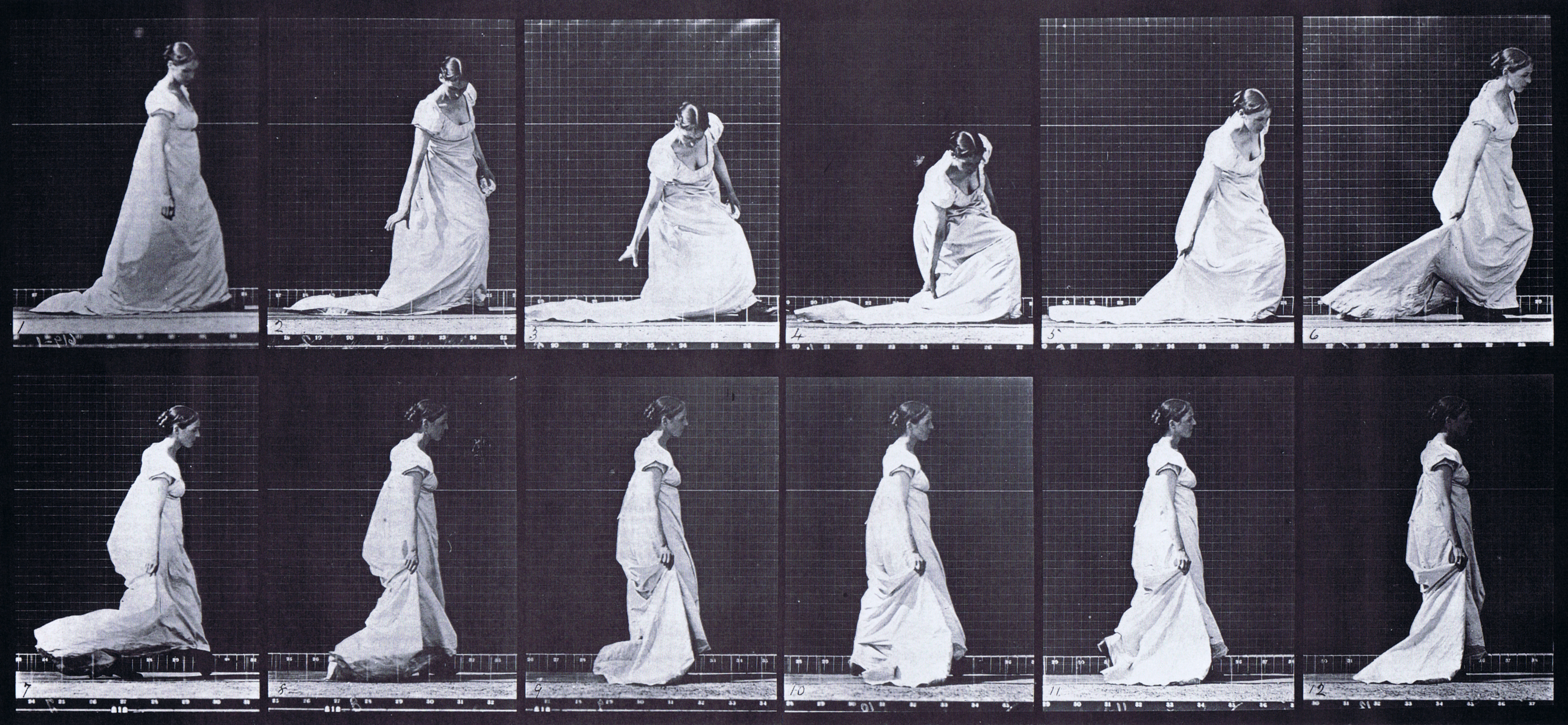 large profile view of clothed female in dress stooping and lifting dresses train animation reference using muybridge plate 207 from animal locomotion