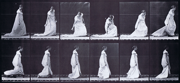 Profile view of clothed female in dress stooping and lifting dresses train animation reference using muybridge plate 207 from animal locomotion