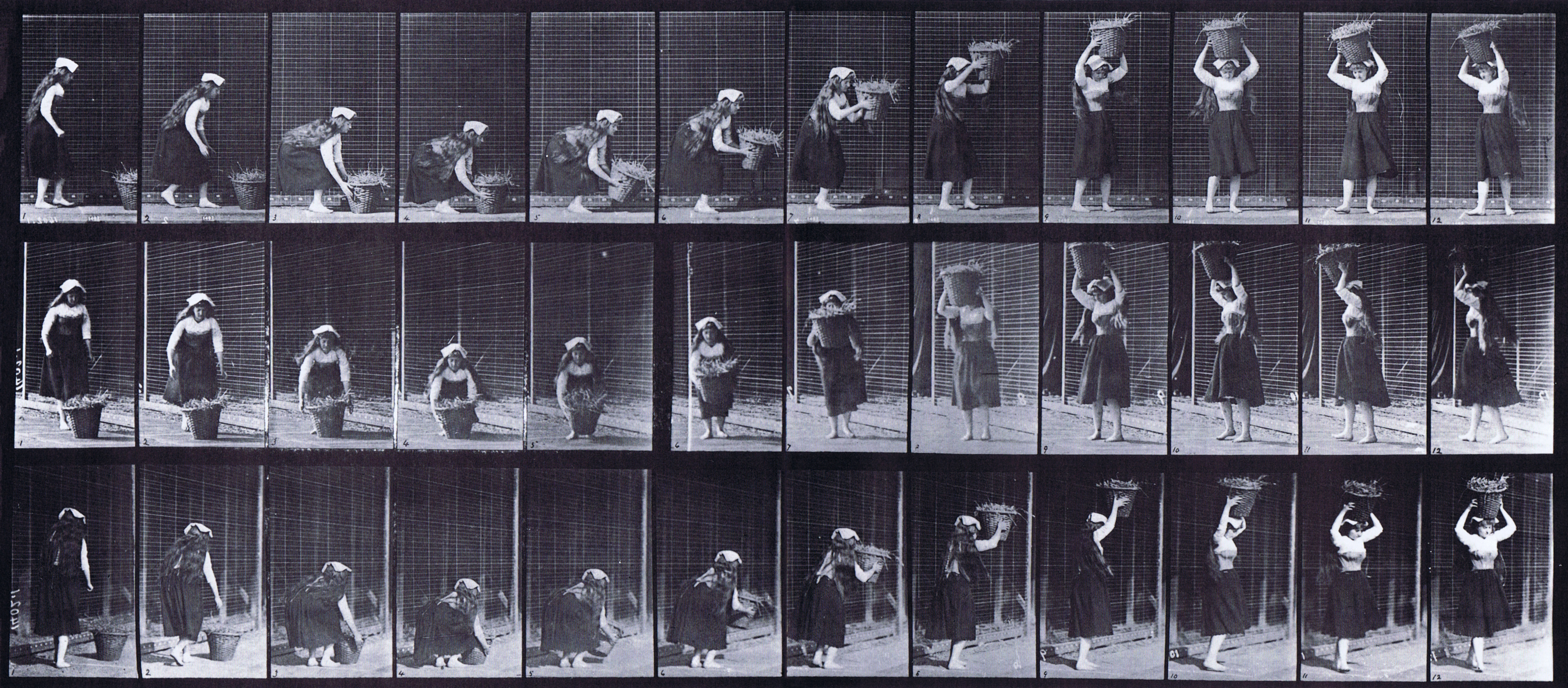 large profile, front three-quarter, and rear three-quarter views of clothed female stooping and lifting a 30 pound basket from the ground and placing it on head then turning animation reference using muybridge plate 230 from animal locomotion