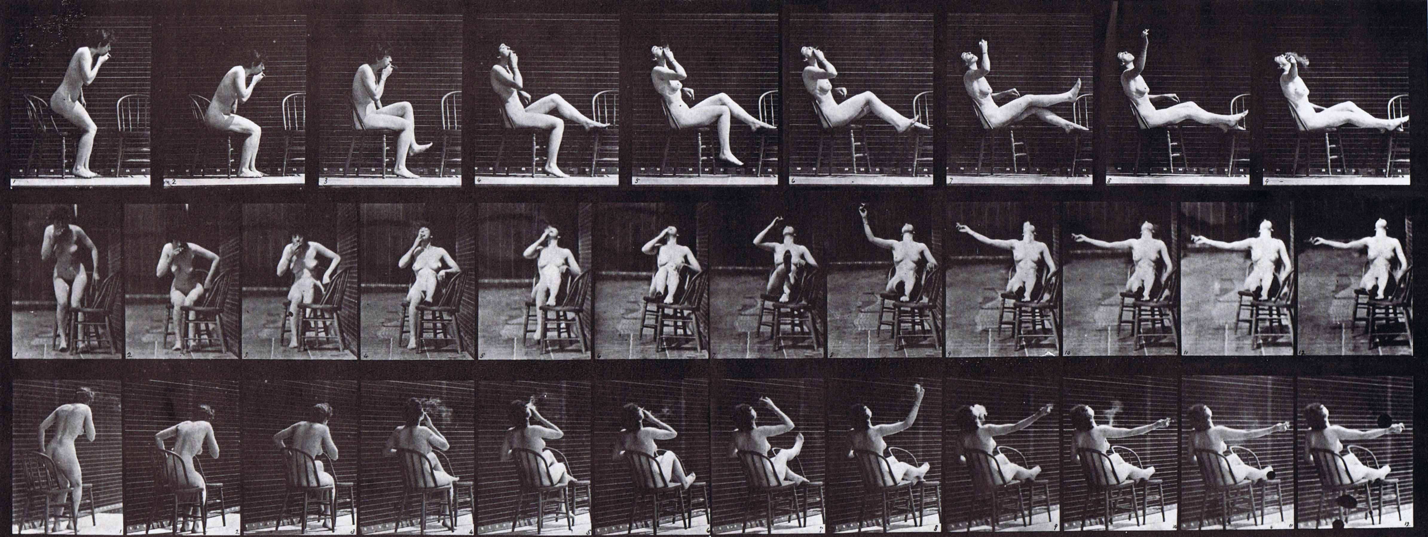 large profile, front, and rear three-quarter views of nude female sitting down and placing feet on a chair and smoking a cigarette animation reference using muybridge plate 247 from animal locomotion