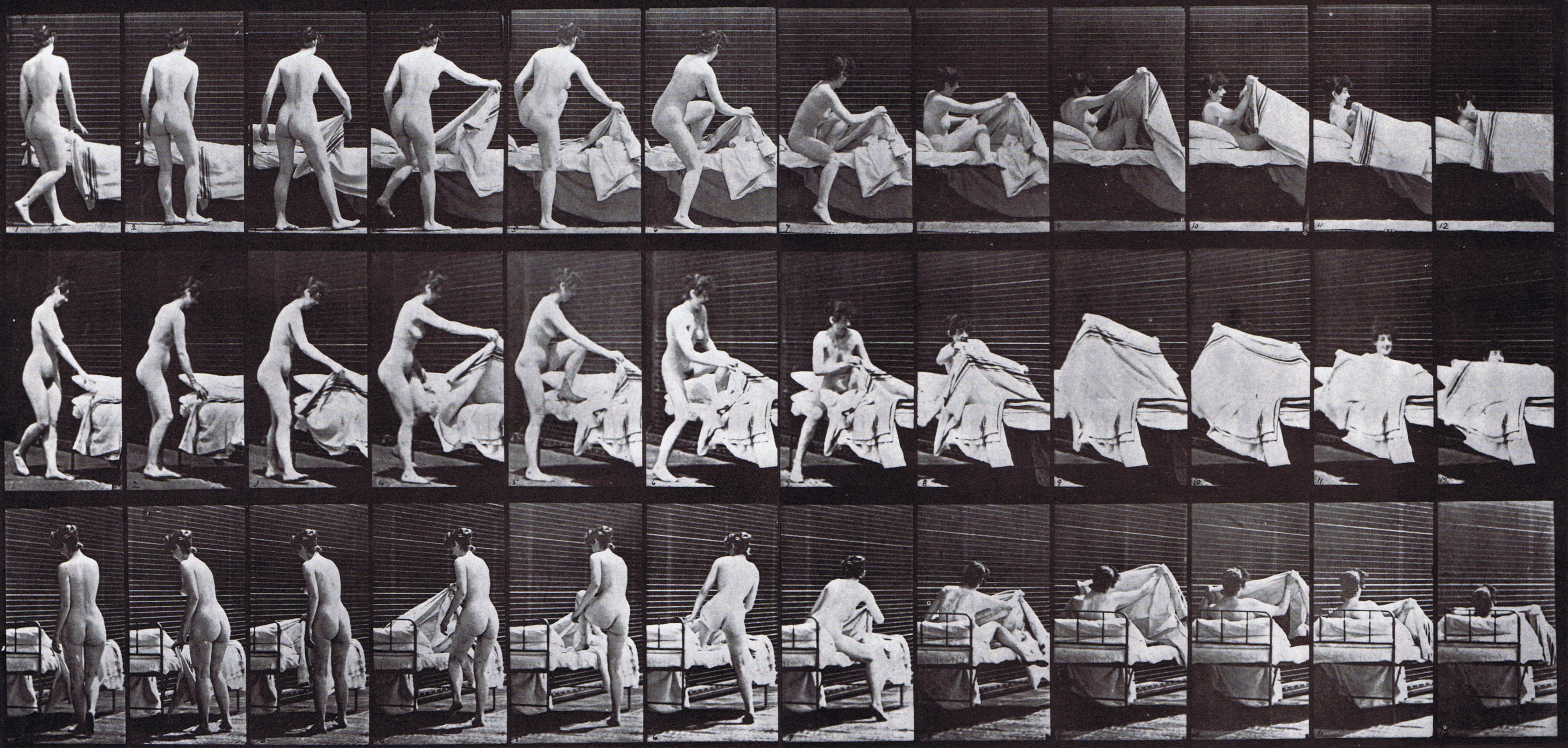large profile, front three-quarter, and rear three-quarter views of nude female getting into bed animation reference using muybridge plate 263 from animal locomotion