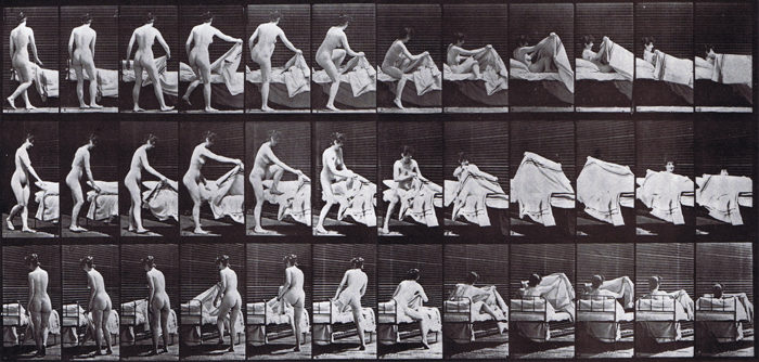 Profile, front three-quarter, and rear three-quarter views of nude female getting into bed animation reference using muybridge plate 263 from animal locomotion
