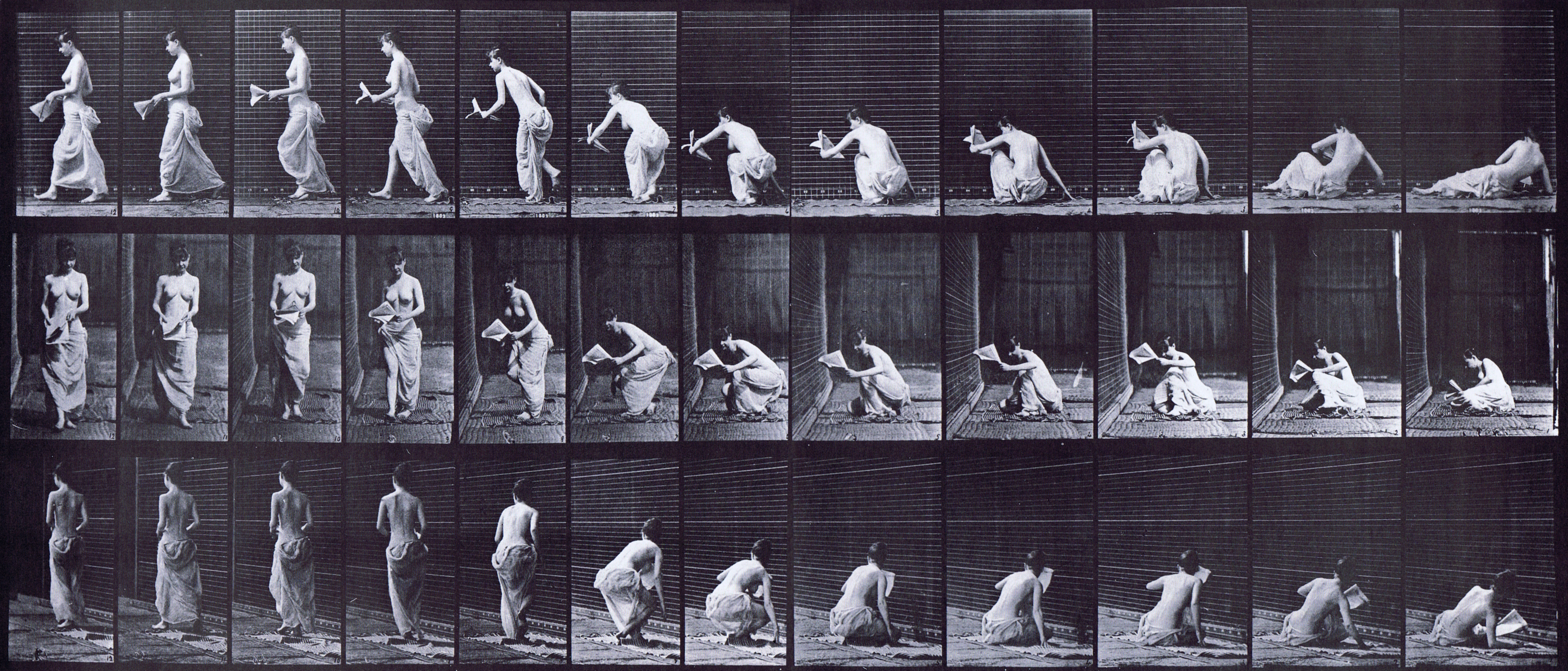 large profile, front, and rear three-quarter view of semi nude female wearing cloth skirt, arising from the ground with paper in left hand animation reference using muybridge plate 271 from animal locomotion