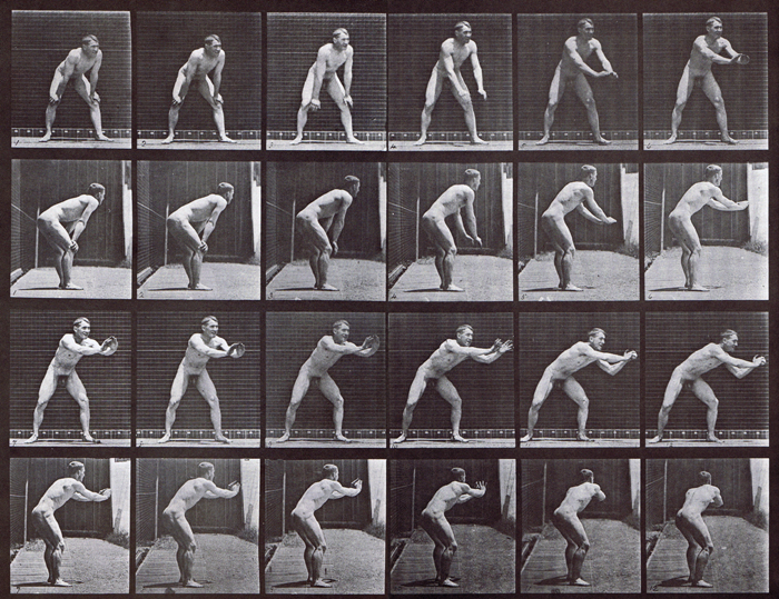 Front and profile views of nude male catching a baseball animation reference using muybridge plate 280 from animal locomotion