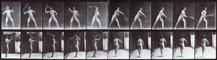 Profile and rear views of nude male swinging a tennis racket over head, serving animation reference using muybridge plate 294 from animal locomotion