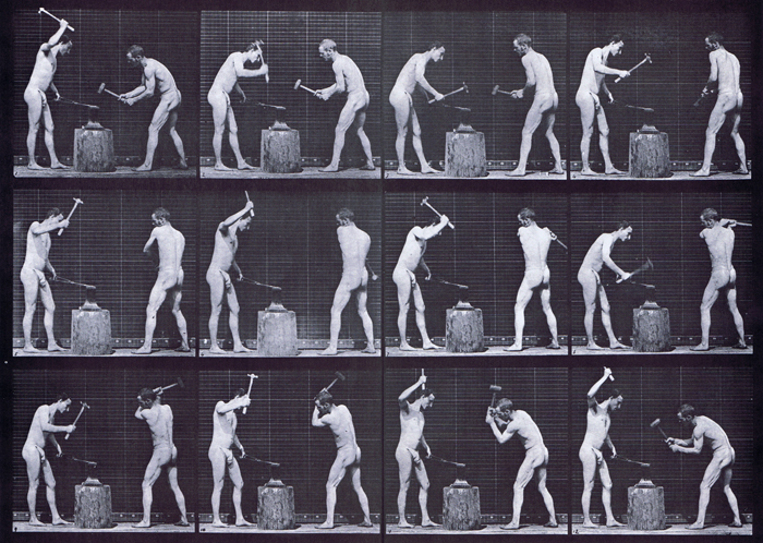 Profile view of two semi nude males, blacksmiths, looping hammering on an anvil animation reference using muybridge plate 374 from animal locomotion