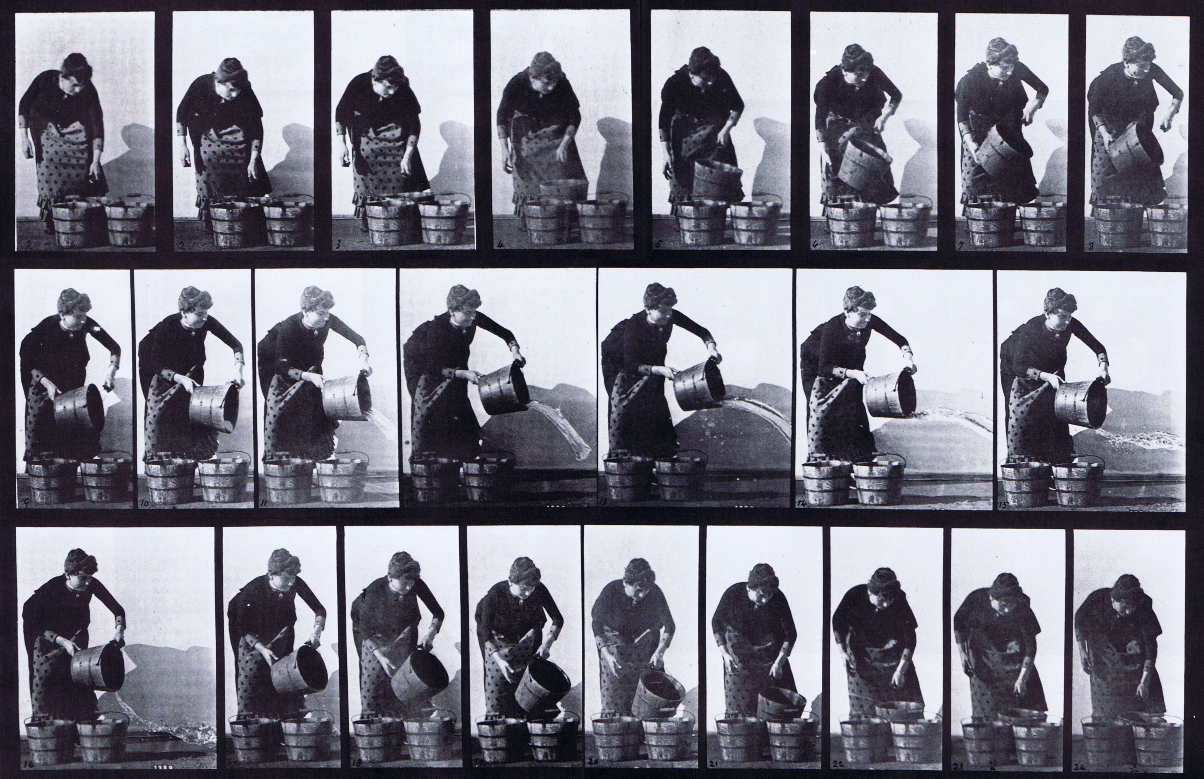 large profile view of clothed female emptying a bucket of water animation reference using muybridge plate 403 from animal locomotion