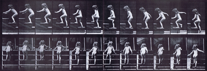 Profile and rear views of nude female toddler child walking up stairs animation reference using muybridge plate 473 from animal locomotion