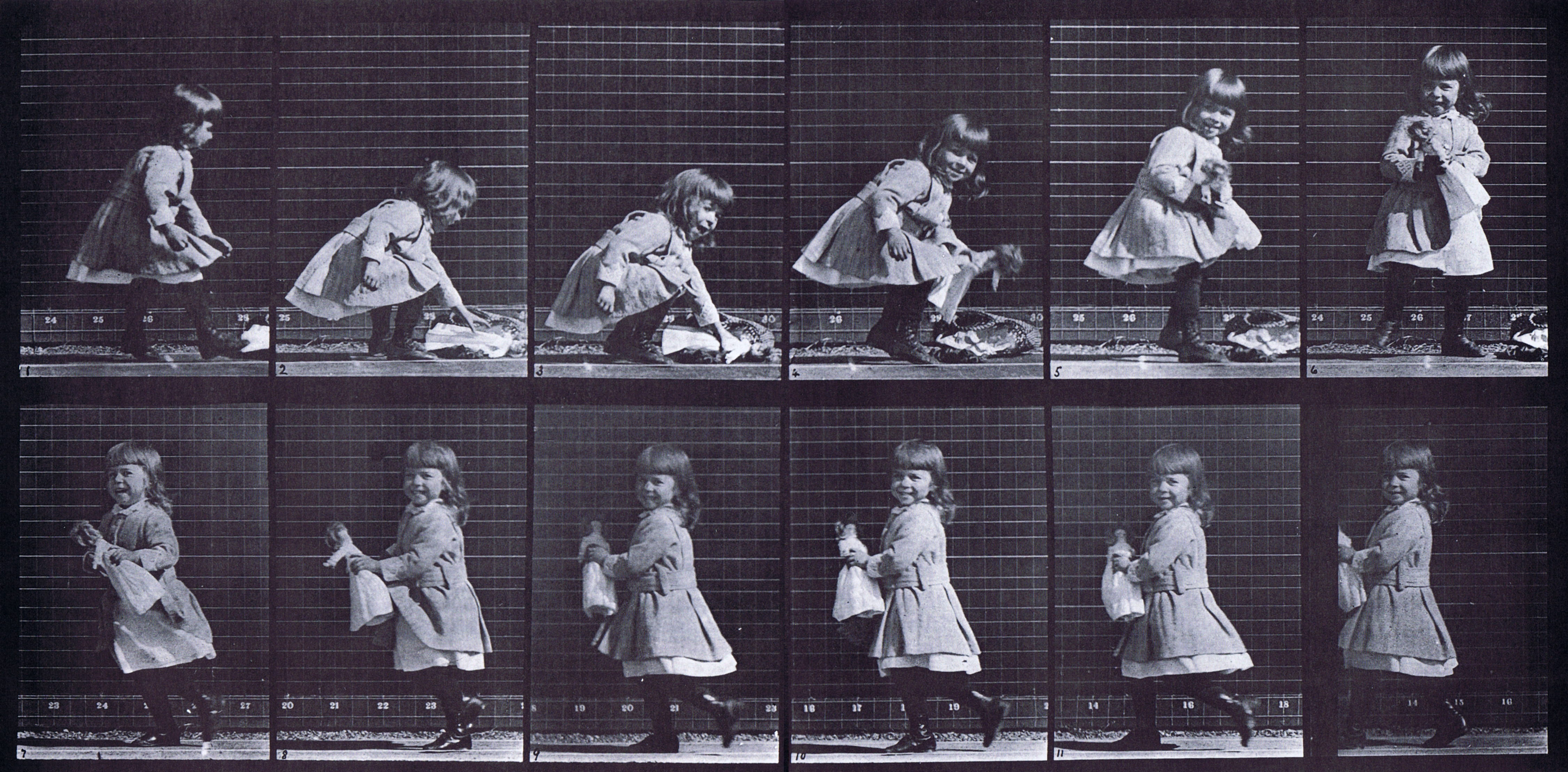 large profile view of clothed female toddler child picking up a doll then turning and walking away animation reference using muybridge plate 481 from animal locomotion