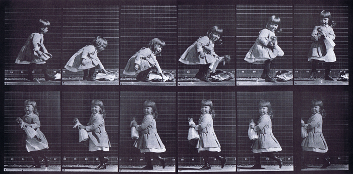 Profile view of clothed female toddler child picking up a doll then turning and walking away animation reference using muybridge plate 481 from animal locomotion