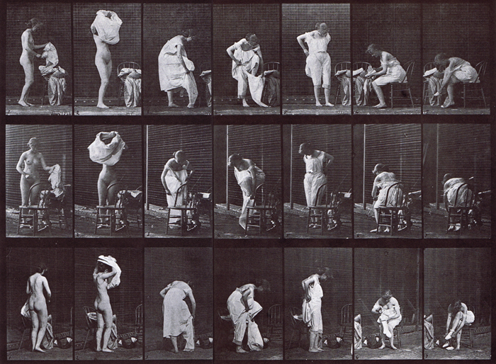 Profile, front three-quarter, and rear three-quarter views of nude female getting dressed animation reference using muybridge plate 493 from animal locomotion