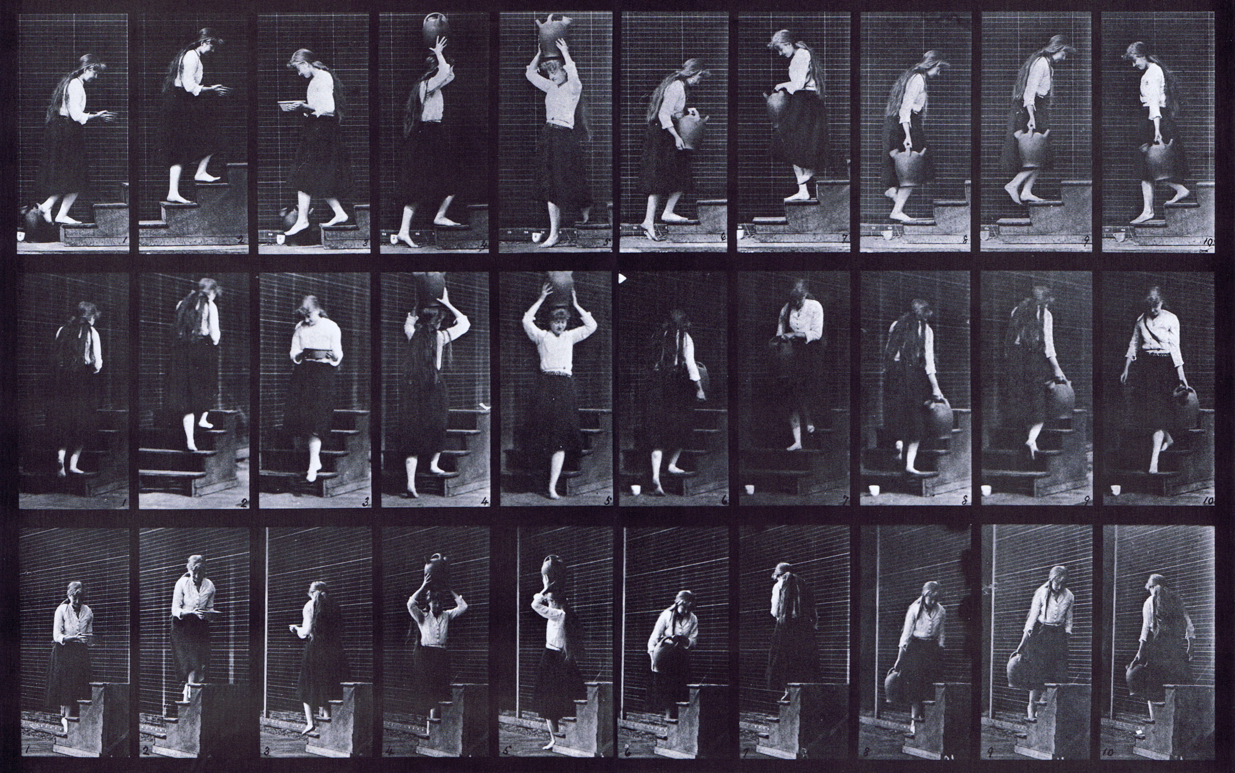 large profile, rear three-quarter, and front three-quarter views of clothed female preforming various poses, ascending, descending stairs, etc animation reference using muybridge plate 504 from animal locomotion