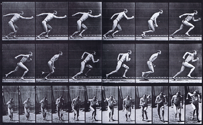 Profile, and front views of semi nude male in underwear starting for a run animation reference using muybridge plate 59 from animal locomotion