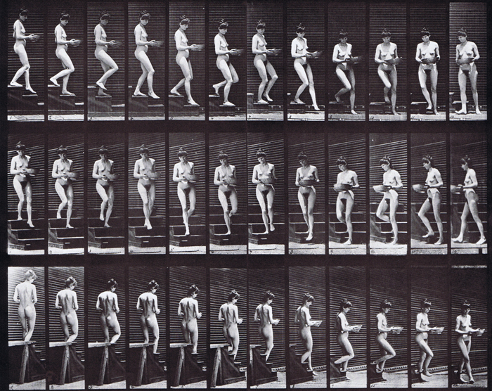 Profile, front three-quarter, and rear three-quarter views of nude female descending stairs holding a water basin animation reference using muybridge plate 144 from animal locomotion