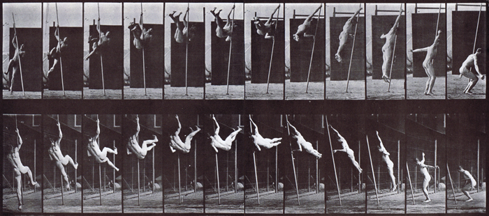 Profile and rear three-quarter view of nude male pole vaulting animation reference using muybridge plate 165 from animal locomotion