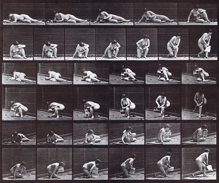 Profile, front three-quarter, and rear three-quarter views of nude female rising from the ground with a magizine in left hand animation reference using muybridge plate 270 from animal locomotion