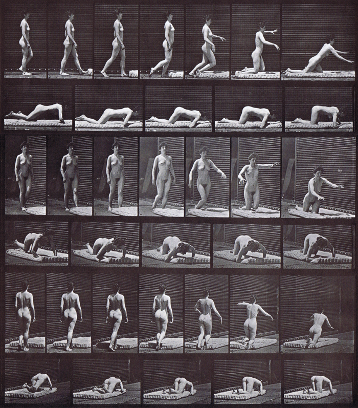 Profile, front three-quarter, and rear three-quarter views of nude female stumbling then falling to the ground animation reference using muybridge plate 272 from animal locomotion