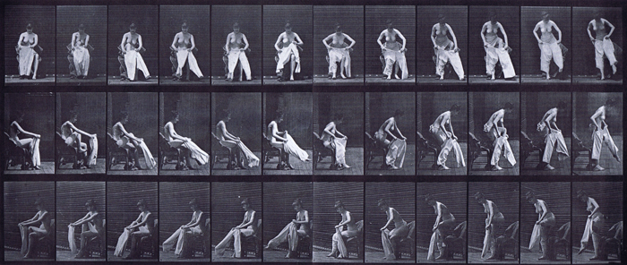 Front, profile, and front three-quarter views of semi nude female in slip sitting on chair and putting on clothes and standing animation reference using muybridge plate 420 from animal locomotion