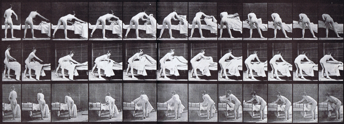 Rear, front three-quarter, and rear three-quarter views of nude female making a bed animation reference using muybridge plate 436 from animal locomotion