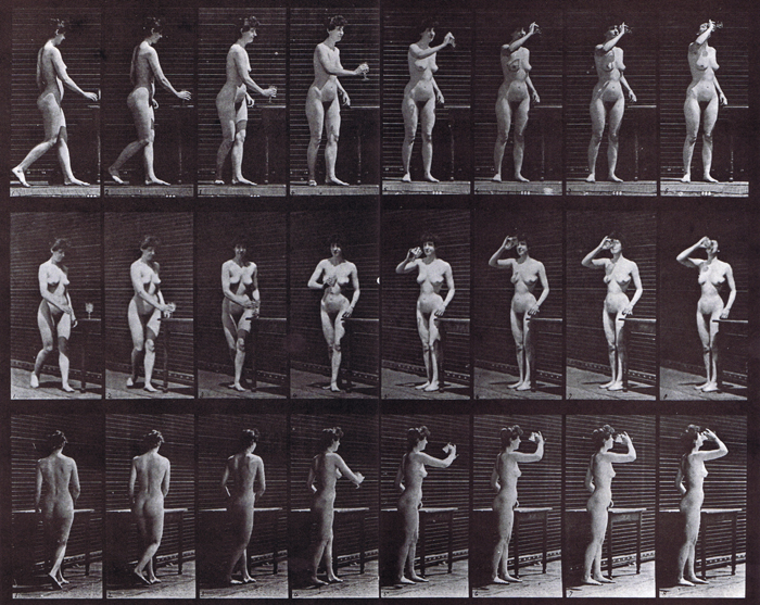 Profile, front three-quarter, and rear three-quarter views of nude female drinking a goblet while standing animation reference using muybridge plate 443 from animal locomotion