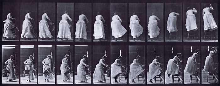 Profile and front views of clothed female placing a chair and stepping on a chair and reaching up animation reference using muybridge plate 457 from animal locomotion